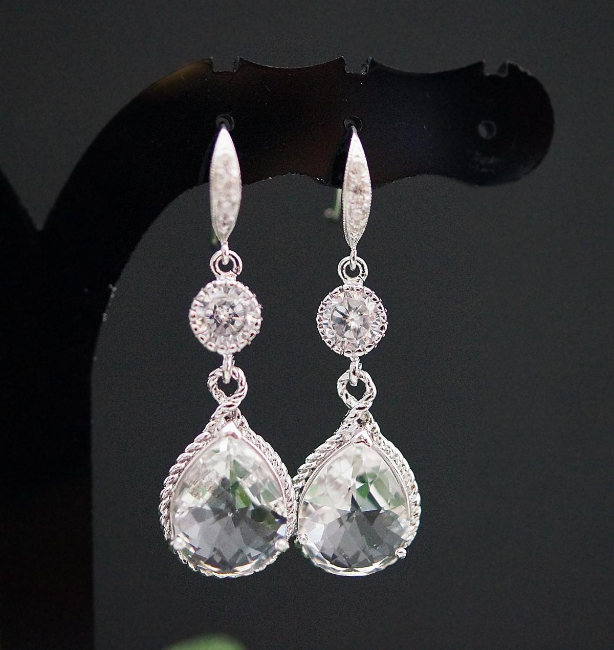 Wedding Jewelry Bridal Earrings Bridesmaid Earrings Cubic Zirconia Ear Wires With Clear Glass Rhodium Trimmed Pear Cut Earrings