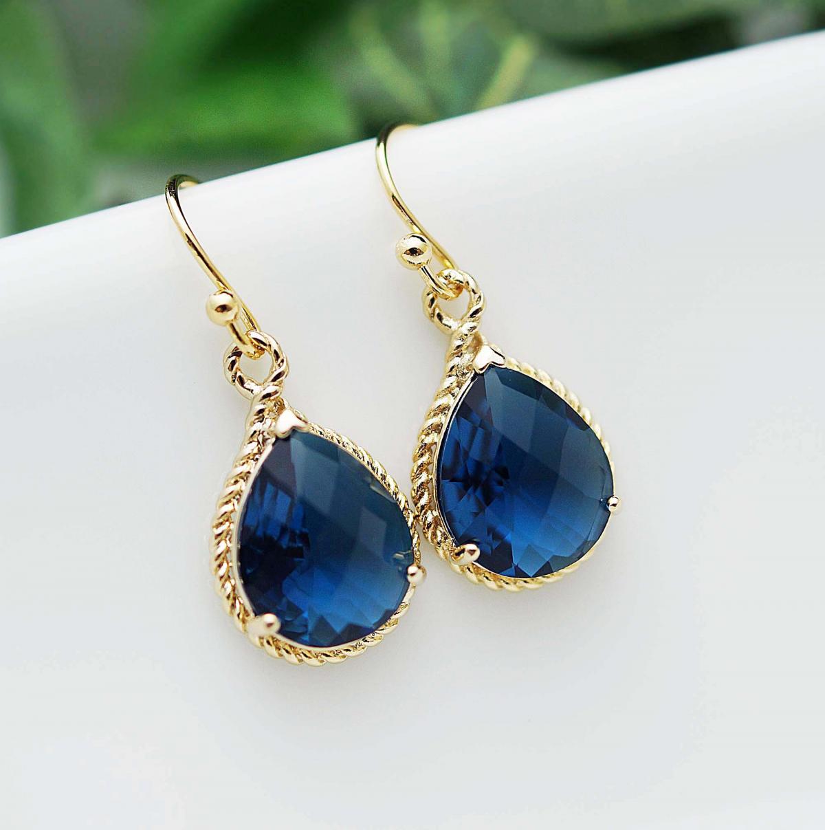 Wedding Jewelry Dangle Earrings Bridal Earrings Bridesmaid Earrings Sapphire Blue Glass Pear Cut Earrings