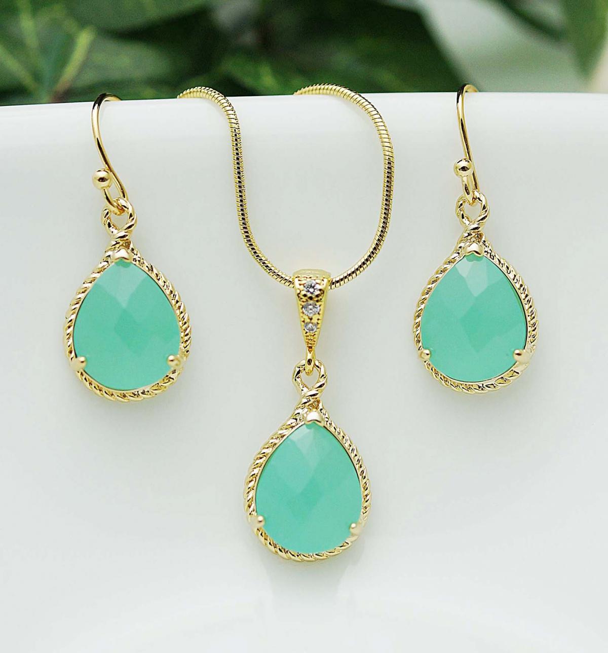 Wedding Jewelry Bridesmaid Jewelry Bridesmaid Earrings Bridesmaid Necklace Mint Opal Glass Gold Trimmed Pear Cut Bridesmaid Gift
