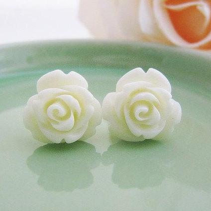 Cream White Rose Cabochon Ear Studs