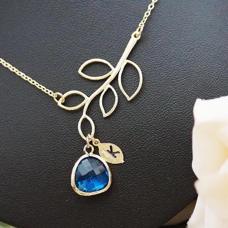 Personalized Necklace Bridesmaid Gift Simple Leaf with Capri Blue Glass Drop and initial leaf charm Necklace , For Her. Gift for Her