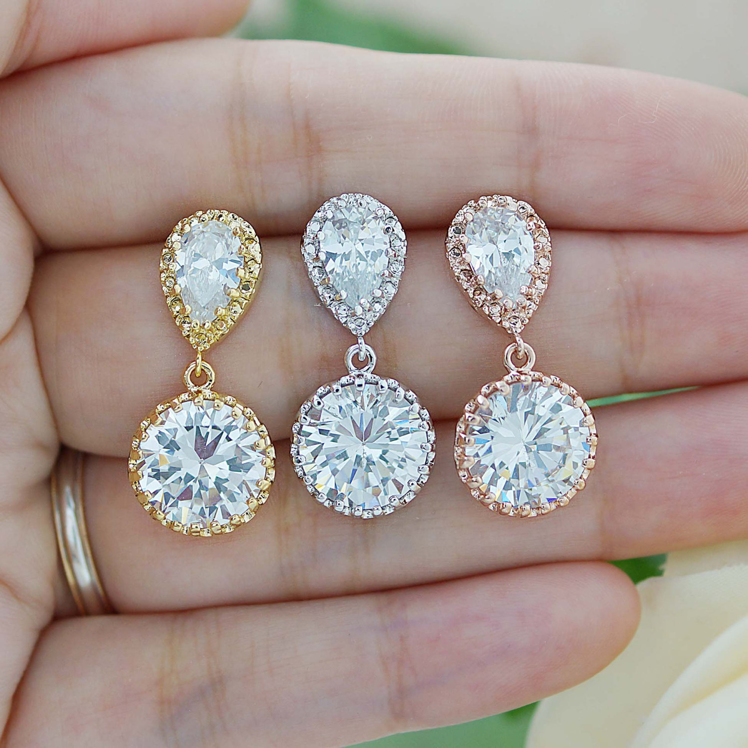 Bridal Earrings Round Cubic Zirconia Drop Earrings Dangle Earrings Wedding Jewelry Bridesmaid 