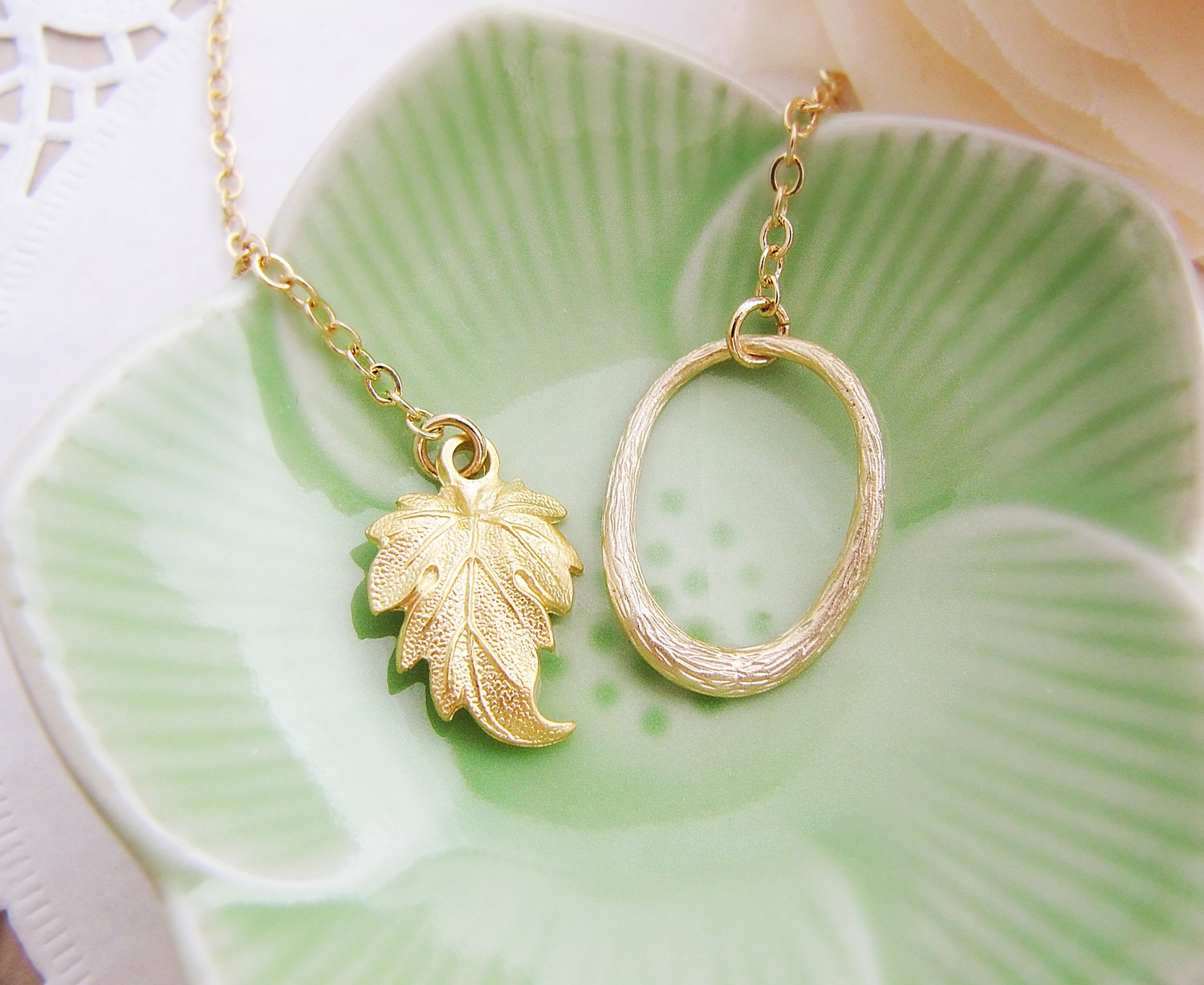 Golden Leaf Matte Gold Leaf Charm And Oval Ring Necklace. Gift For