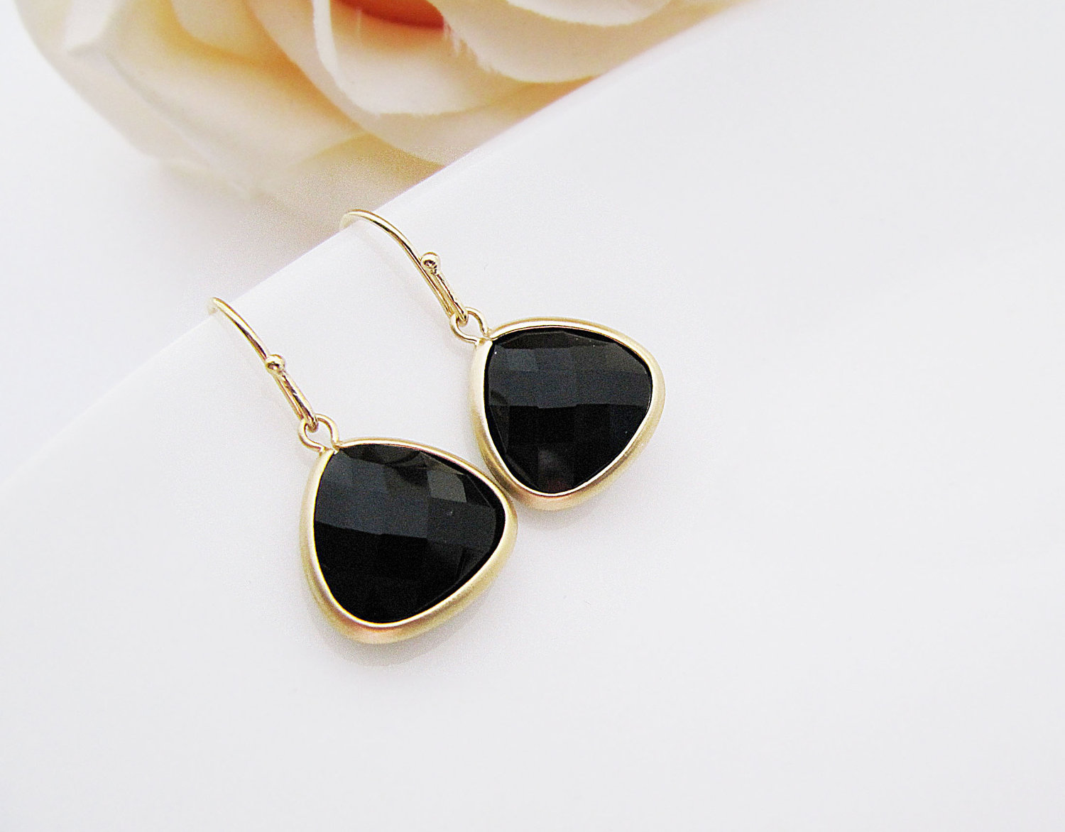 Matte Gold Trimmed Black Onyx Gemstone Earrings Bridal Earrings