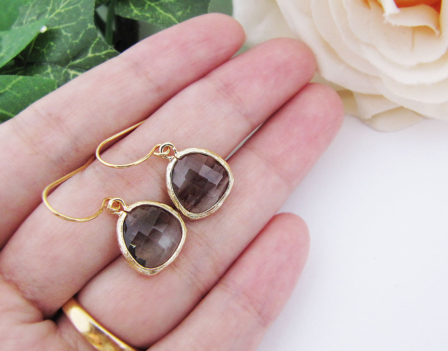 Black Diamond Glass Matte Gold Trimmed Dangle Earrings Bridesmaid Gifts