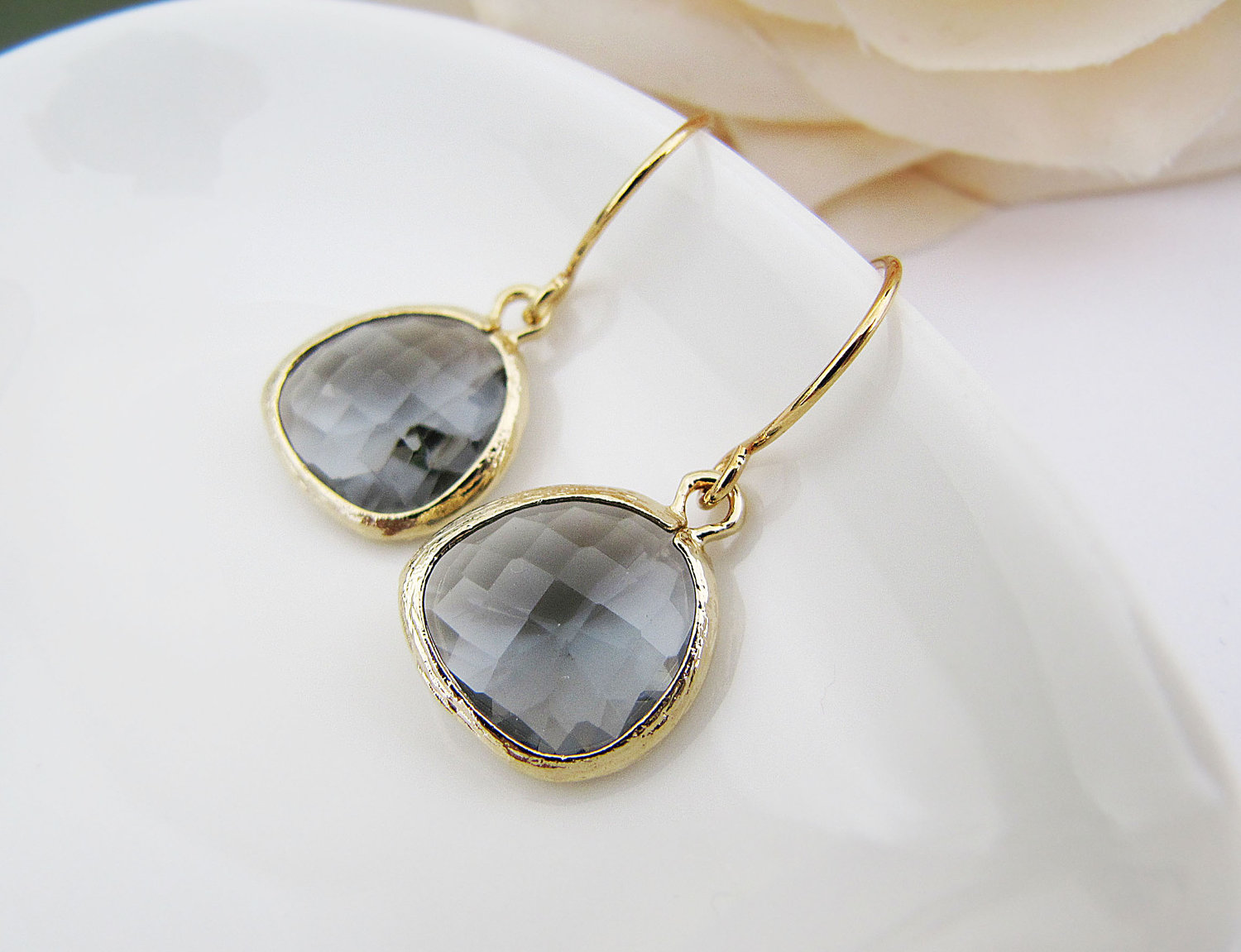 Black Diamond Glass Matte Gold Trimmed Dangle Earrings Bridesmaid Gifts Wedding Bridesmaid