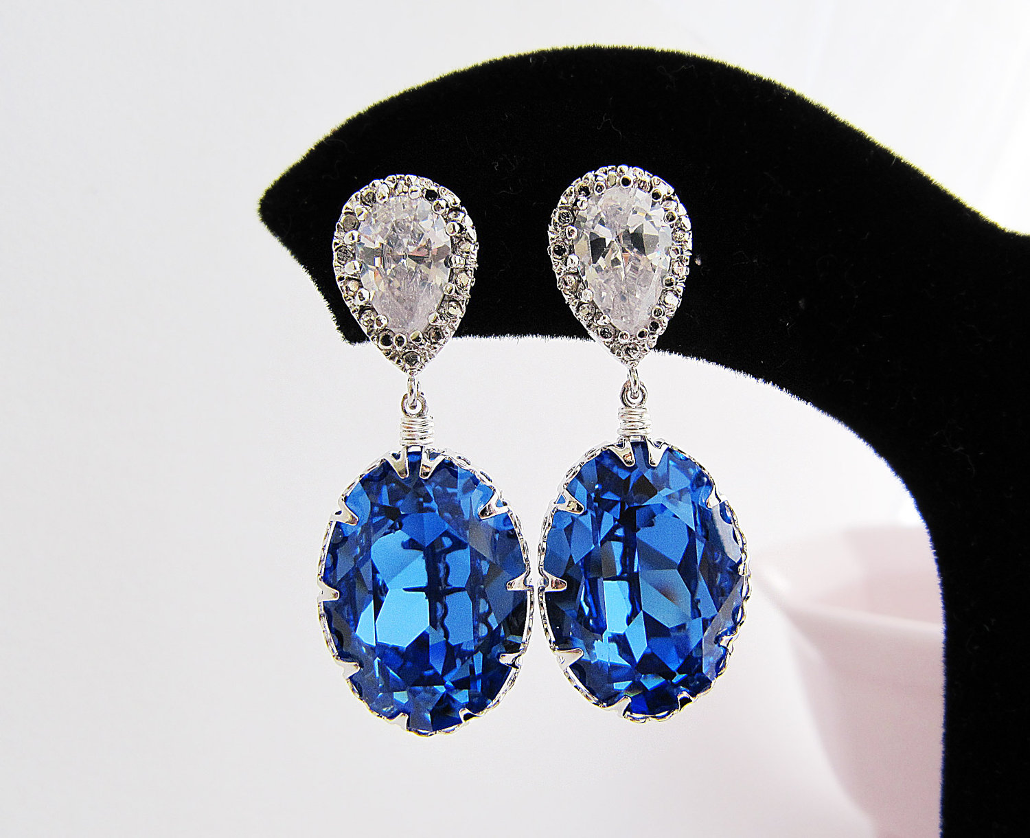 Matte Rodium Plated Cubic Zirconia Ear Posts With Sapphire Swarovski