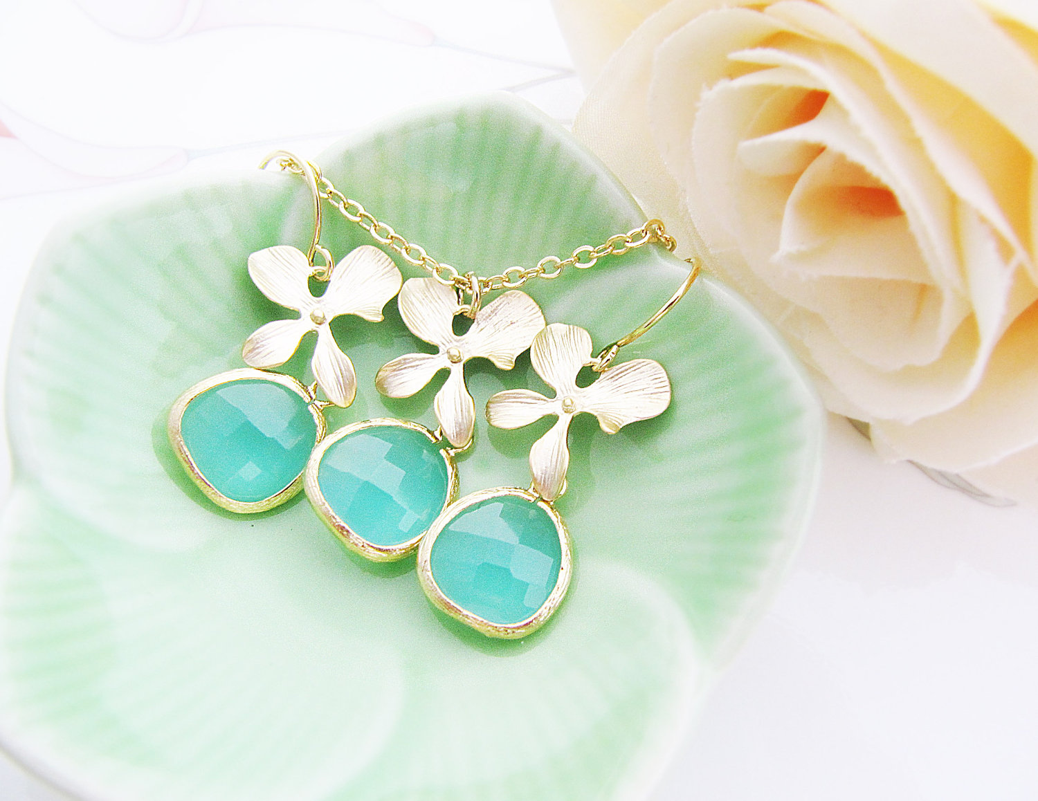 Matte Gold Orchid Flower And Sea Foam Glass Drop Necklace And Earrings Bridal Bridesmaid Jewelry