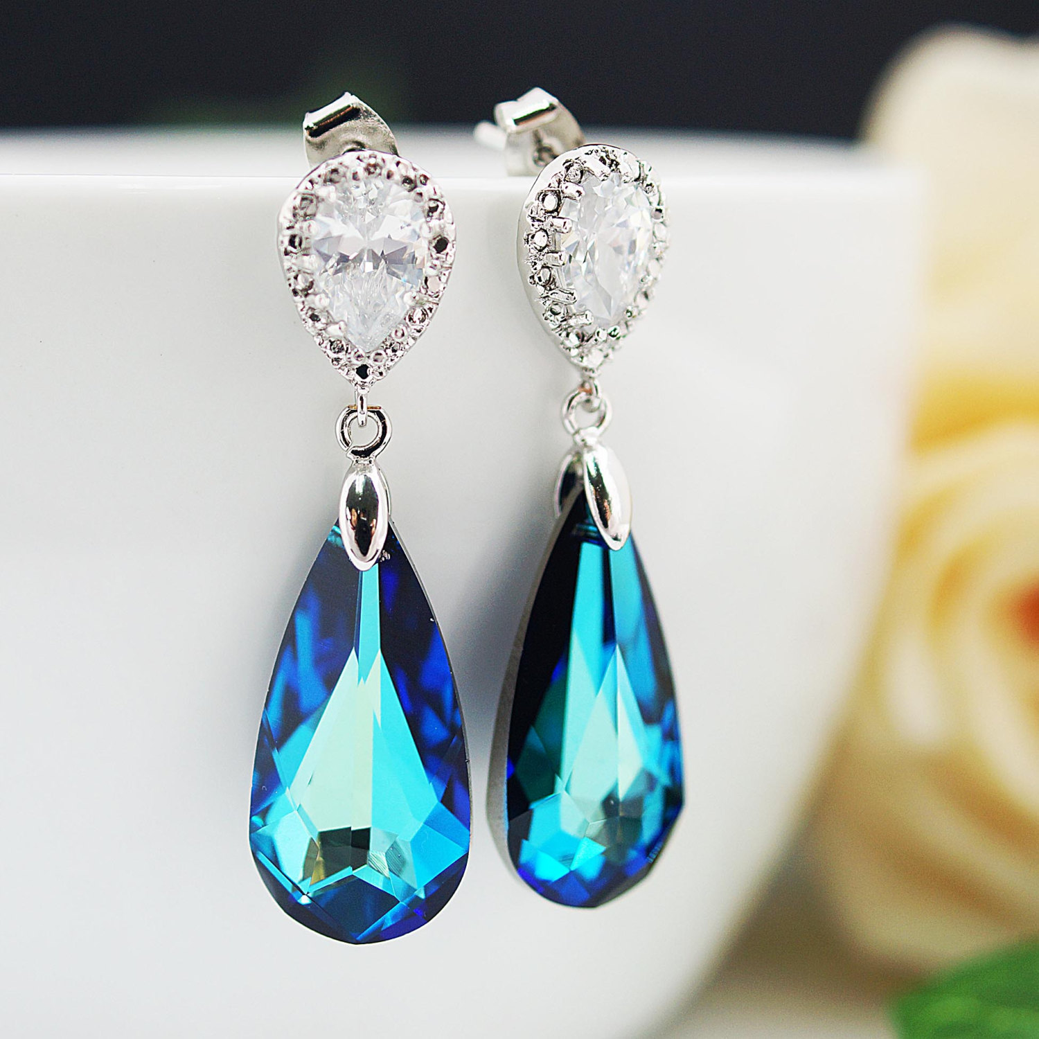 Bridal Earrings Matte Rodium Plated Cubic Zirconia Ear Posts With Large ...